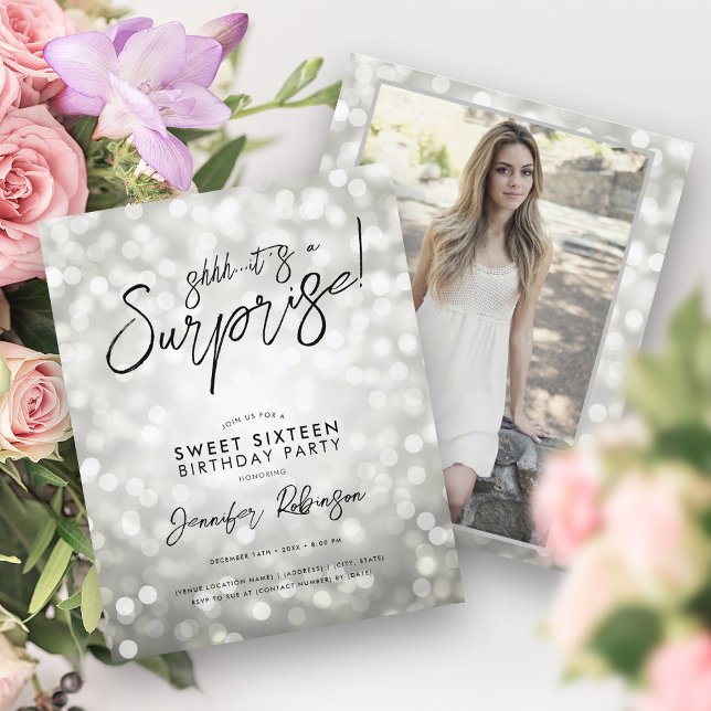 Papier Lumière Argent Photo Surprise Sweet 16 Invitations (Silver Lights Photo Surprise Sweet 16 Invites )