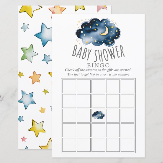 Papier Lune et étoiles Baby shower Bingo Jeu (Devant / Derrière)