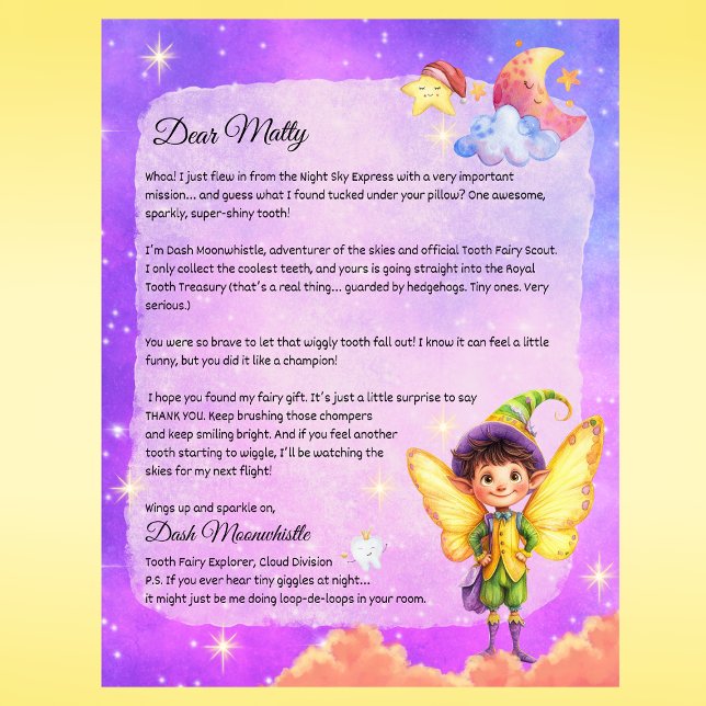 Papier Magique Garçons Dents Gardiens de fée Lettre - Per (Boys Tooth Fairy Letter Personalized Printed Letter from Dash Moonwhistle – Custom Tooth Fairy Note)