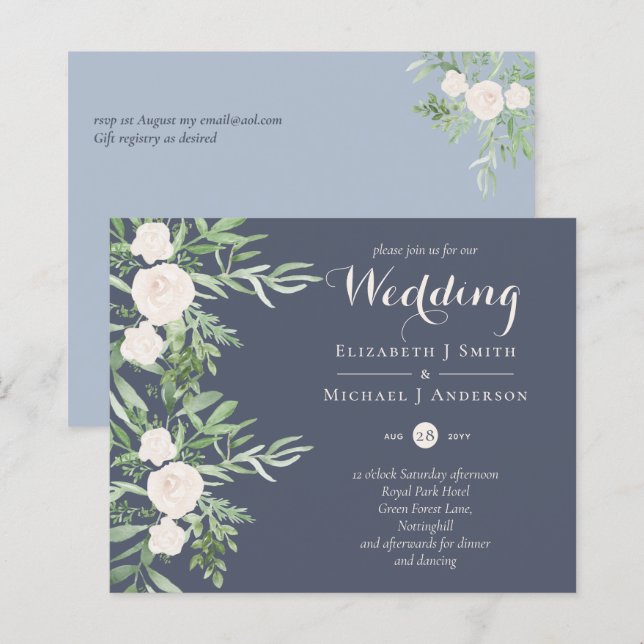 Papier Magnolia Dusty Blue Flower Wedding Invite BUDGET (Devant / Derrière)