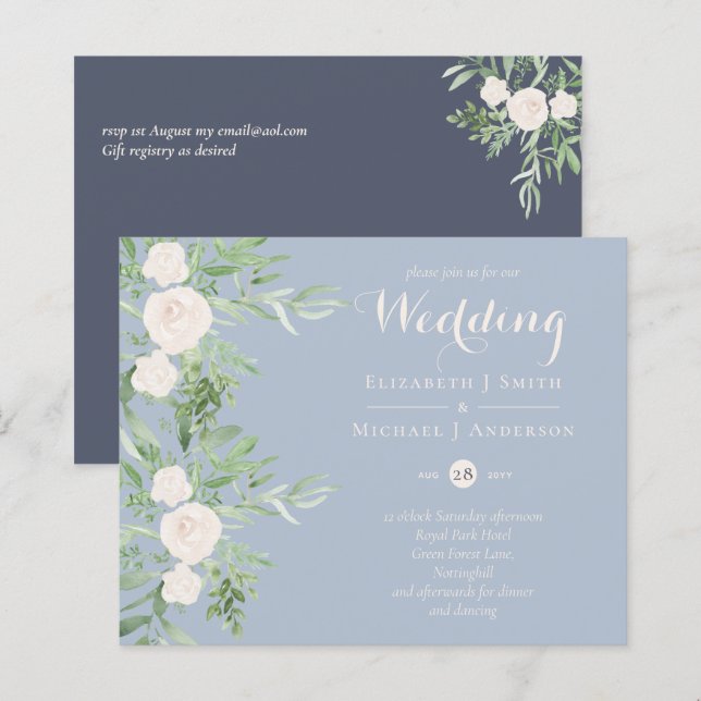 Papier Magnolia Dusty Blue Flower Wedding Invite BUDGET (Devant / Derrière)
