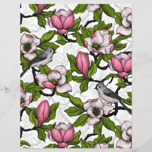 Papier magnolia en fleurs et mésange oiseau