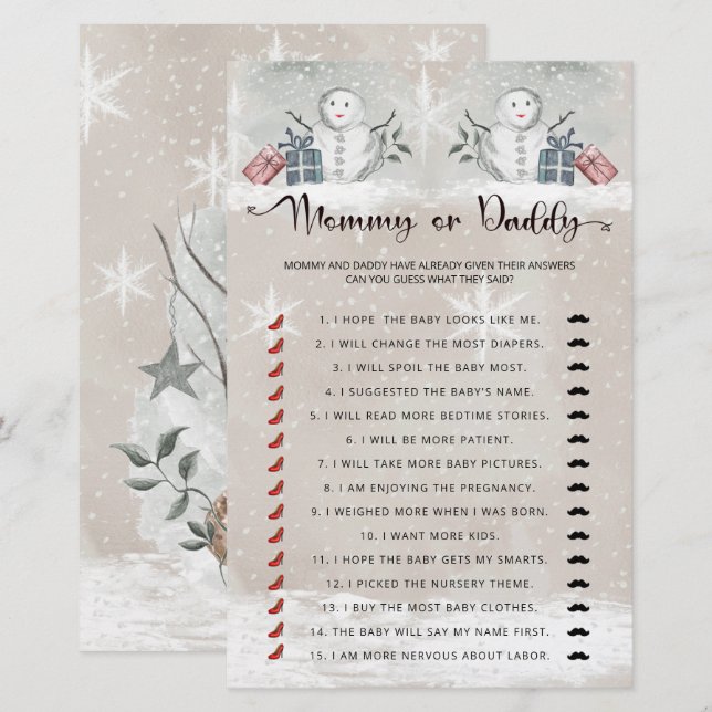 Papier Maman ou papa baby shower bébé jeu (Devant / Derrière)