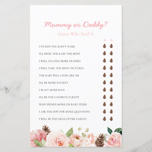 Papier Maman ou papa Baby shower d'hiver rose jeu (Devant)
