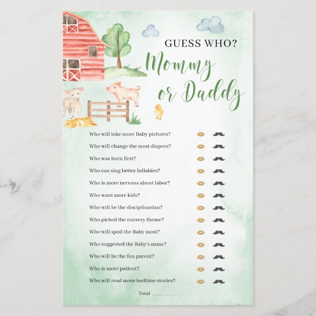 Papier Maman ou papa Baby shower gibier animaux de ferme (Devant)