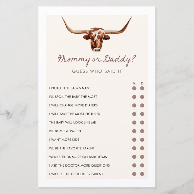 Papier Maman ou papa Cowboy Western Baby shower Jeu (Devant)