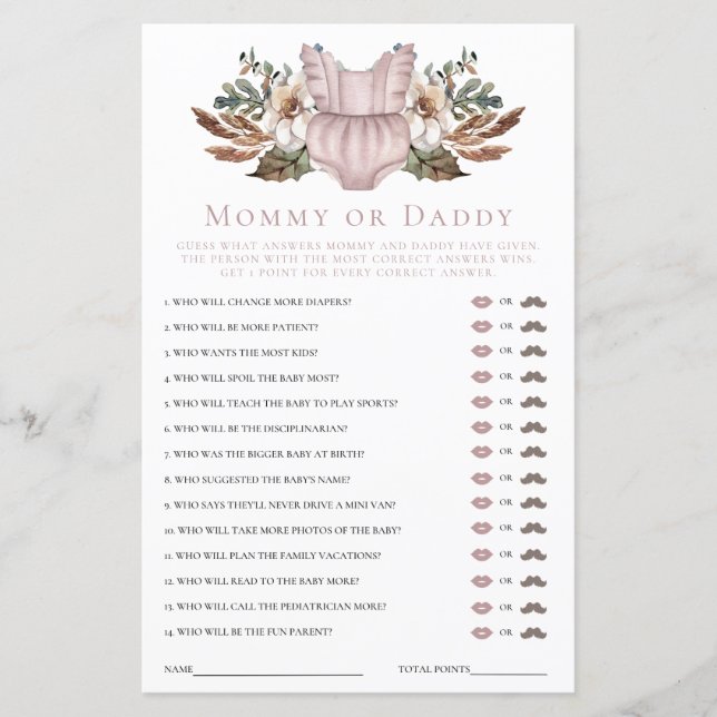 Papier Maman ou papa Cute Boho Vêtements Baby shower Jeu (Devant)