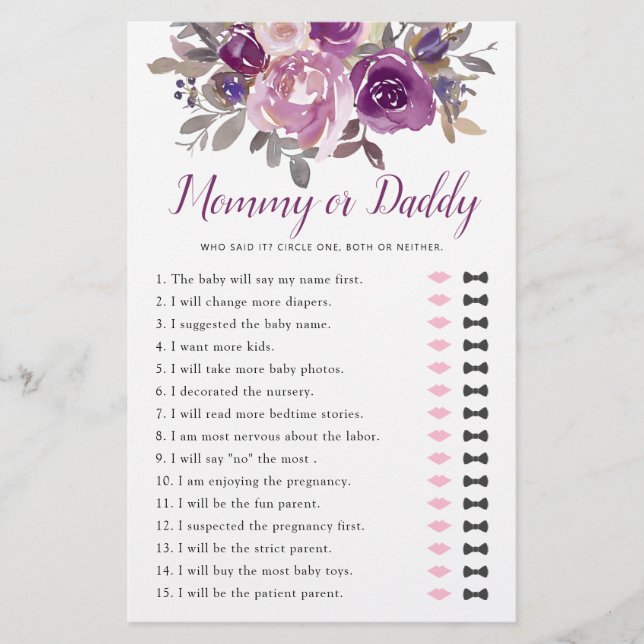Papier Maman ou papa Dusty Mauve Purple Baby shower Jeu (Devant)