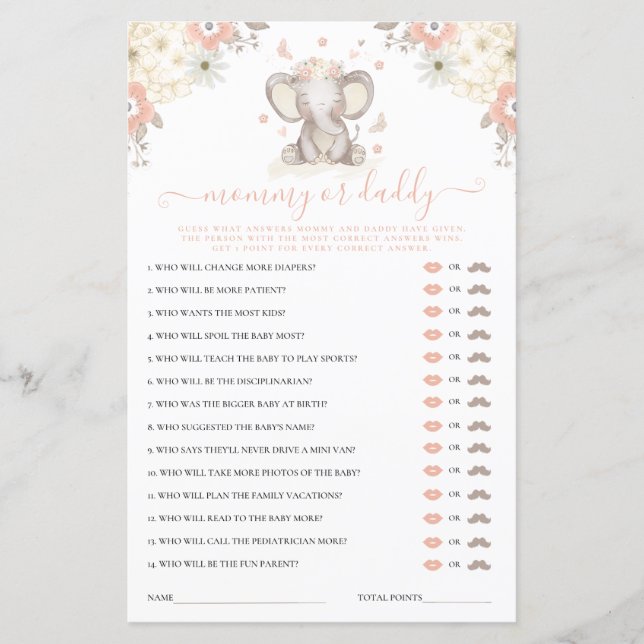 Papier Maman ou papa Elephant Girl Baby shower jeu (Devant)