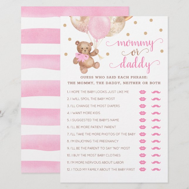 Papier Maman ou papa Jeu Baby shower Teddy Bear (Devant / Derrière)