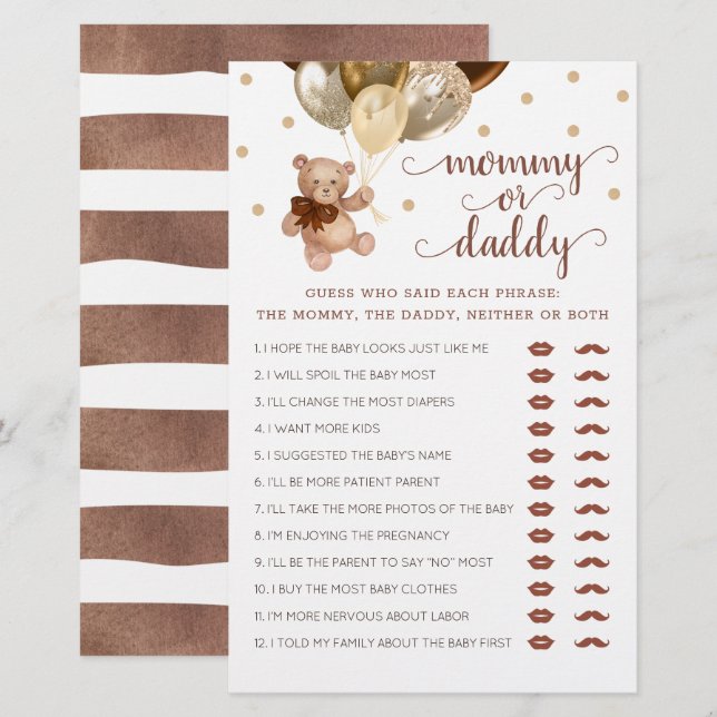 Papier Maman ou papa Jeu Baby shower Teddy Bear (Devant / Derrière)
