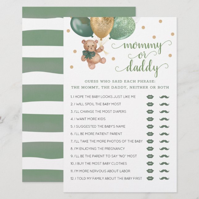 Papier Maman ou papa Jeu Baby shower Teddy Bear (Devant / Derrière)