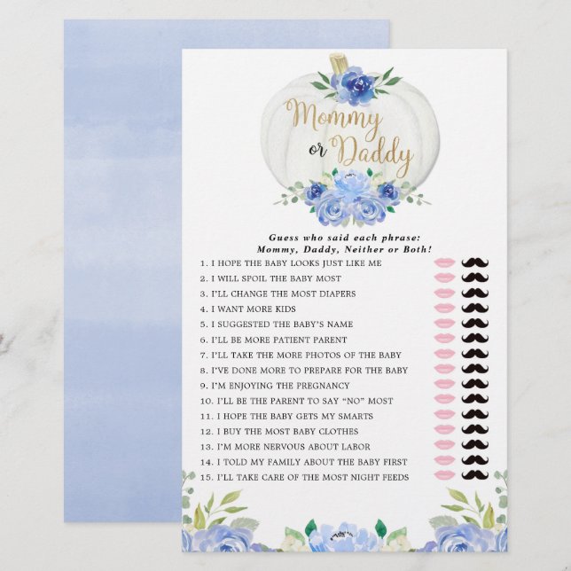 Papier Maman ou papa jeu bleu verdure automne citrouille (Devant / Derrière)