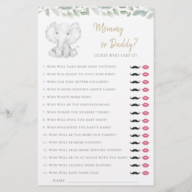 Papier Maman ou papa Jeu Elephant Baby shower de verdure (Devant)