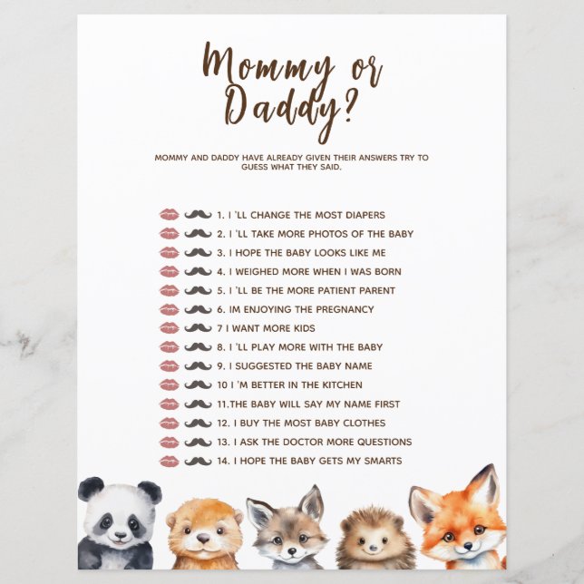 Papier Maman ou papa Woodland Animaux Baby shower Jeu (Devant)