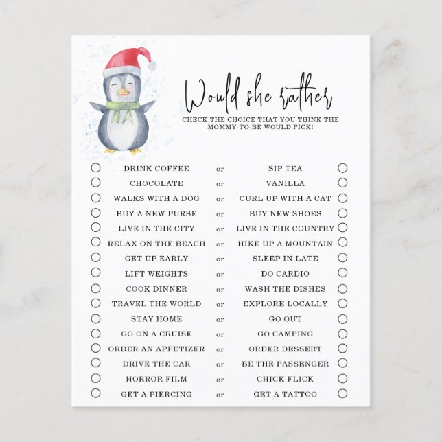 Papier Manchot - Préfèrerait-elle - jeu de baby shower (Devant)