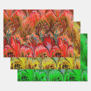 PAPIER MARBÉ, MOTIF ABSTRAIT ROUGE VERT JAUNE
