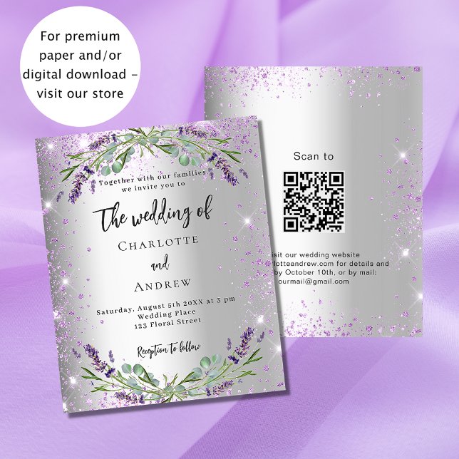 Papier Mariage argent lavande QR RSVP invitation budgétai (Créateur téléchargé)
