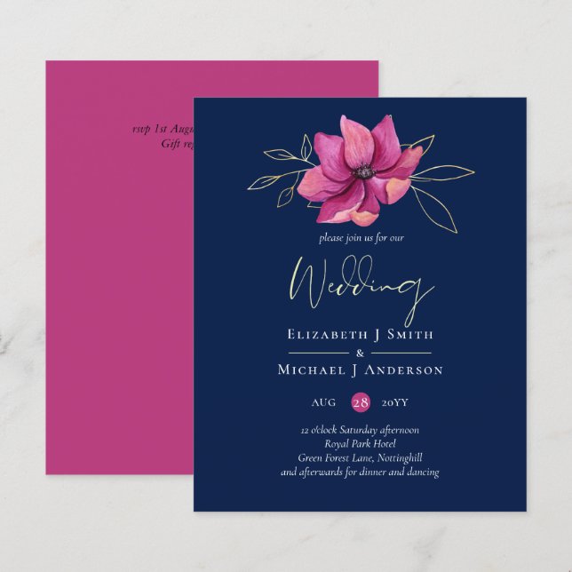 Papier Mariage bleu de la Marine rose Fuchsia Invite BUDG (Devant / Derrière)