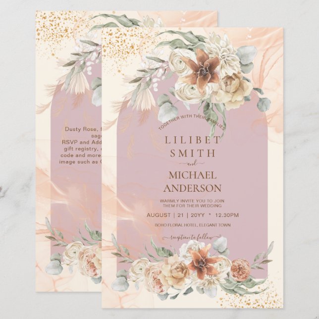 Papier Mariage Bohème Herbe de Pampas Fleur Rose Poussiér (Devant / Derrière)