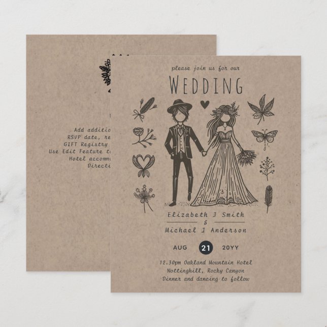 Papier Mariage Boho Cartoon Mariée Groom dessinée à la ma (Devant / Derrière)