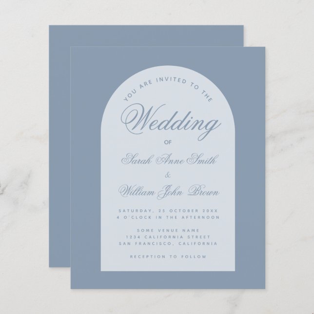 Papier Mariage Budget Dusty Blue Arch Script Invitation (Devant / Derrière)