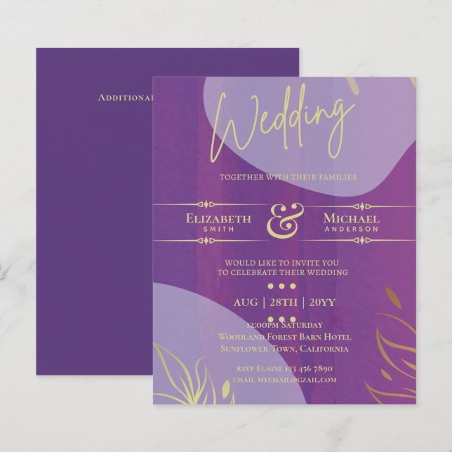 Papier Mariage BUDGET Inviter Lavender Purple Gold (Devant / Derrière)
