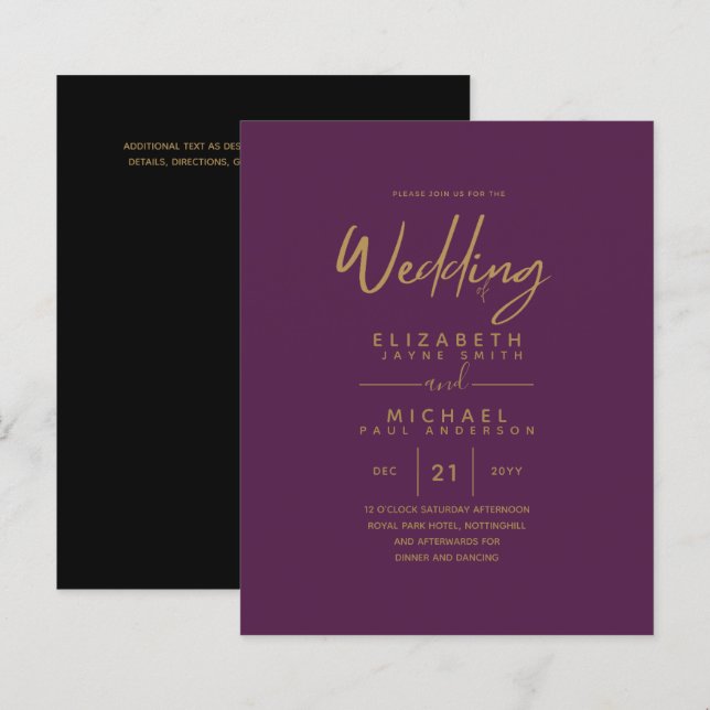 Papier Mariage budget Plum Gold moderne invite (Devant / Derrière)