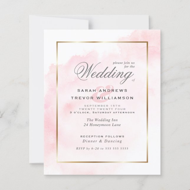 Papier Mariage Budget Rose Pâle Lavis Aquarelle  (Devant)