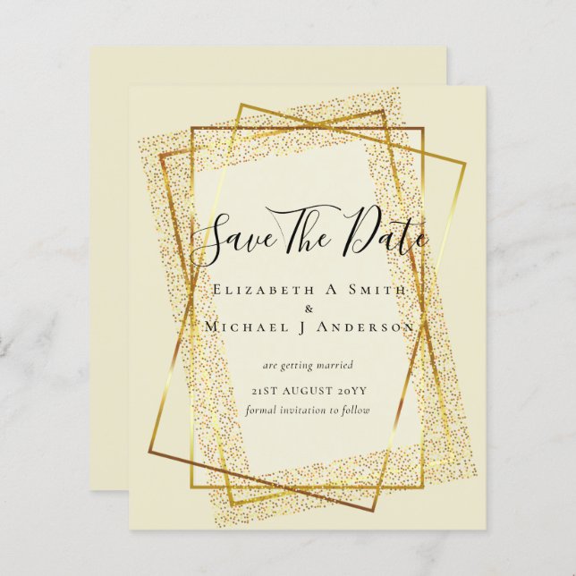 Papier MARIAGE BUDGET SAVE DATES Gold Parties scintillant (Devant / Derrière)