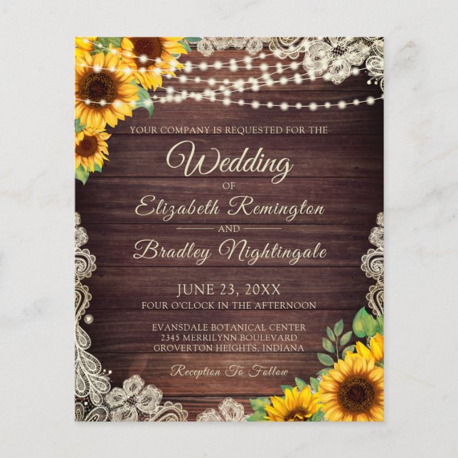 Papier Mariage Budget Tournesol Lumières en bois Dentelle (Devant)