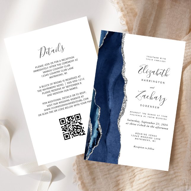Papier Mariage Code QR Agate Argent Bleu Navy Budget (Créateur téléchargé)