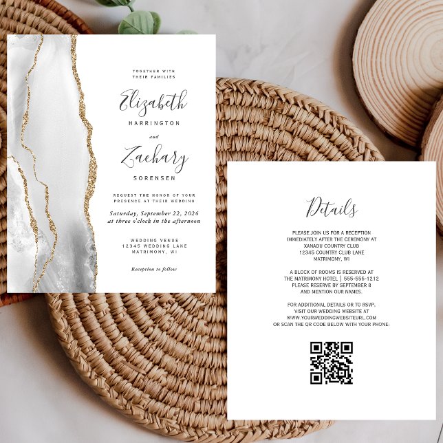 Papier Mariage Code QR Agate Or Blanc Gris Budget (Créateur téléchargé)