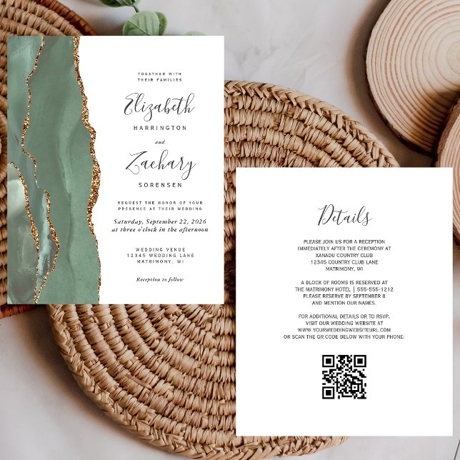 Papier Mariage Code QR Agate Or Vert Sauge Budget (Créateur téléchargé)