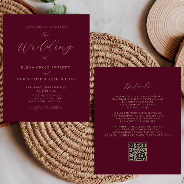 Papier Mariage Code QR Bourgogne Écriture Dorée Moderne (Créateur téléchargé)