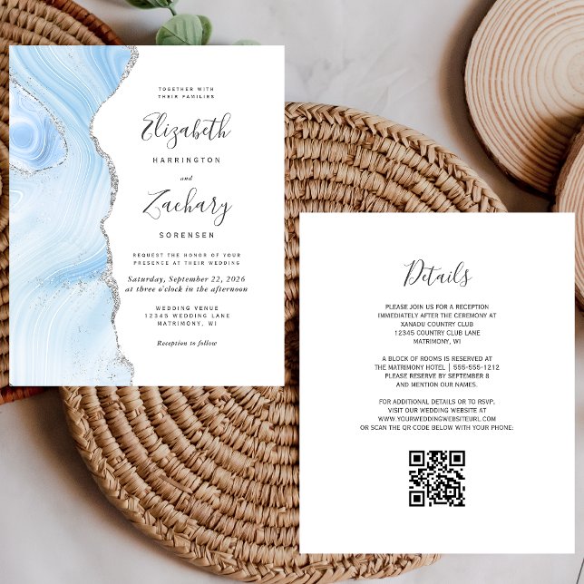 Papier Mariage Code QR Budget Bébé Bleu Agate Argent (Créateur téléchargé)