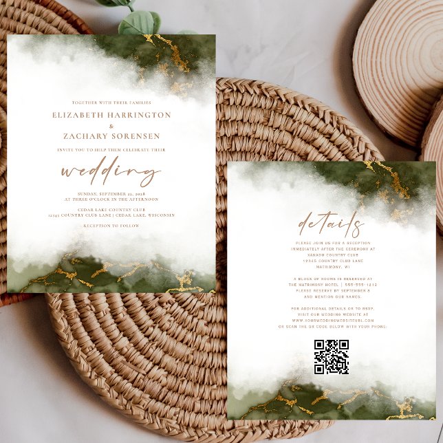 Papier Mariage Code QR Budget Marbre Vert Olive Or (Créateur téléchargé)
