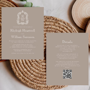 Papier Mariage Code QR Budget Taupe Monogramme Blason