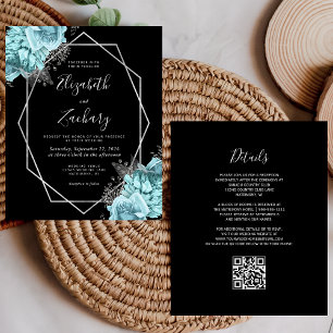 Papier Mariage Code QR Floral Argent Aqua Noir Budget