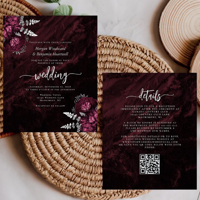 Papier Mariage Code QR Floral Argent Bourgogne Économique (Créateur téléchargé)