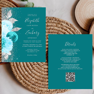 Papier Mariage Code QR Floral Turquoise Argent
