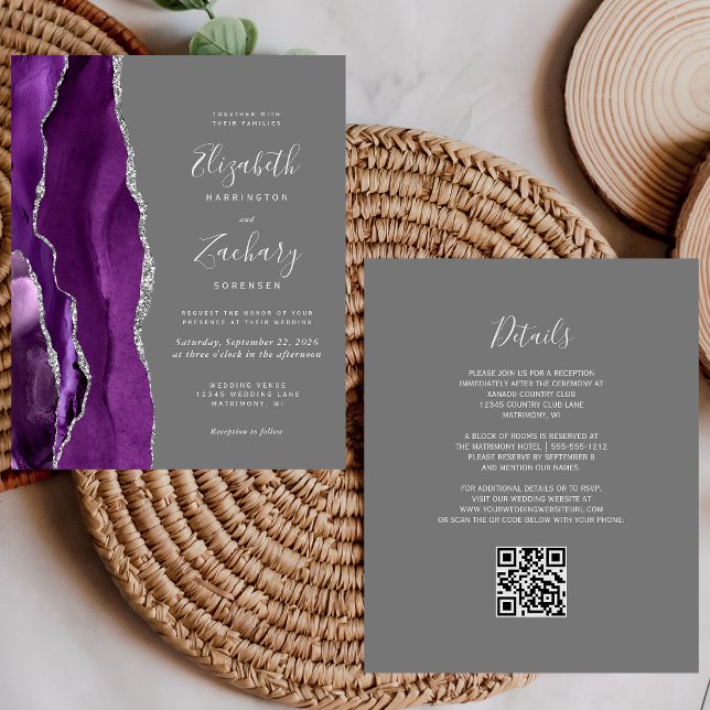 Papier Mariage Code QR Gris Agate Violet Budget (Créateur téléchargé)
