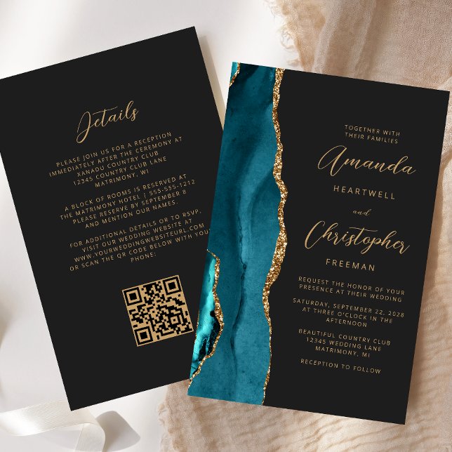 Papier Mariage Code QR Sable Agate Bleu Turquoise Or Budg (Créateur téléchargé)