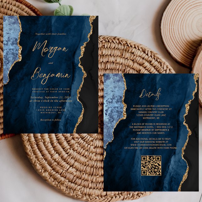 Papier Mariage Code QR Script Agate Bleu Marine Budget (Créateur téléchargé)