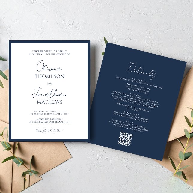 Papier MARIAGE Code QR Simple Bleu Marine Script (Créateur téléchargé)