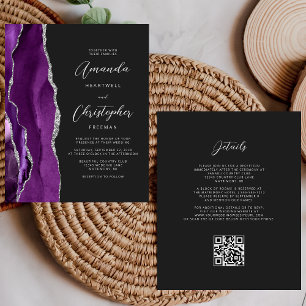 Papier Mariage Code QR Sombre Agate Argent Violet Budget