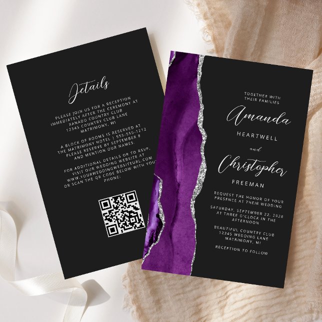 Papier Mariage Code QR Violet Agate Argent Foncé Budget (Créateur téléchargé)