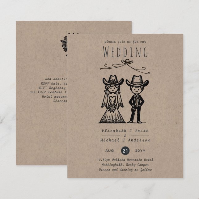 Papier Mariage Cowboy Cartoon Bride Groom dessiné main (Devant / Derrière)