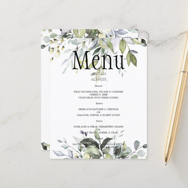 Papier Mariage d'aquarelle Budget Greenery MENU. (Devant/Arrière en situation)