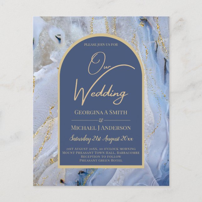 Papier Mariage d'arche en marbre moderne bleu or (Devant)